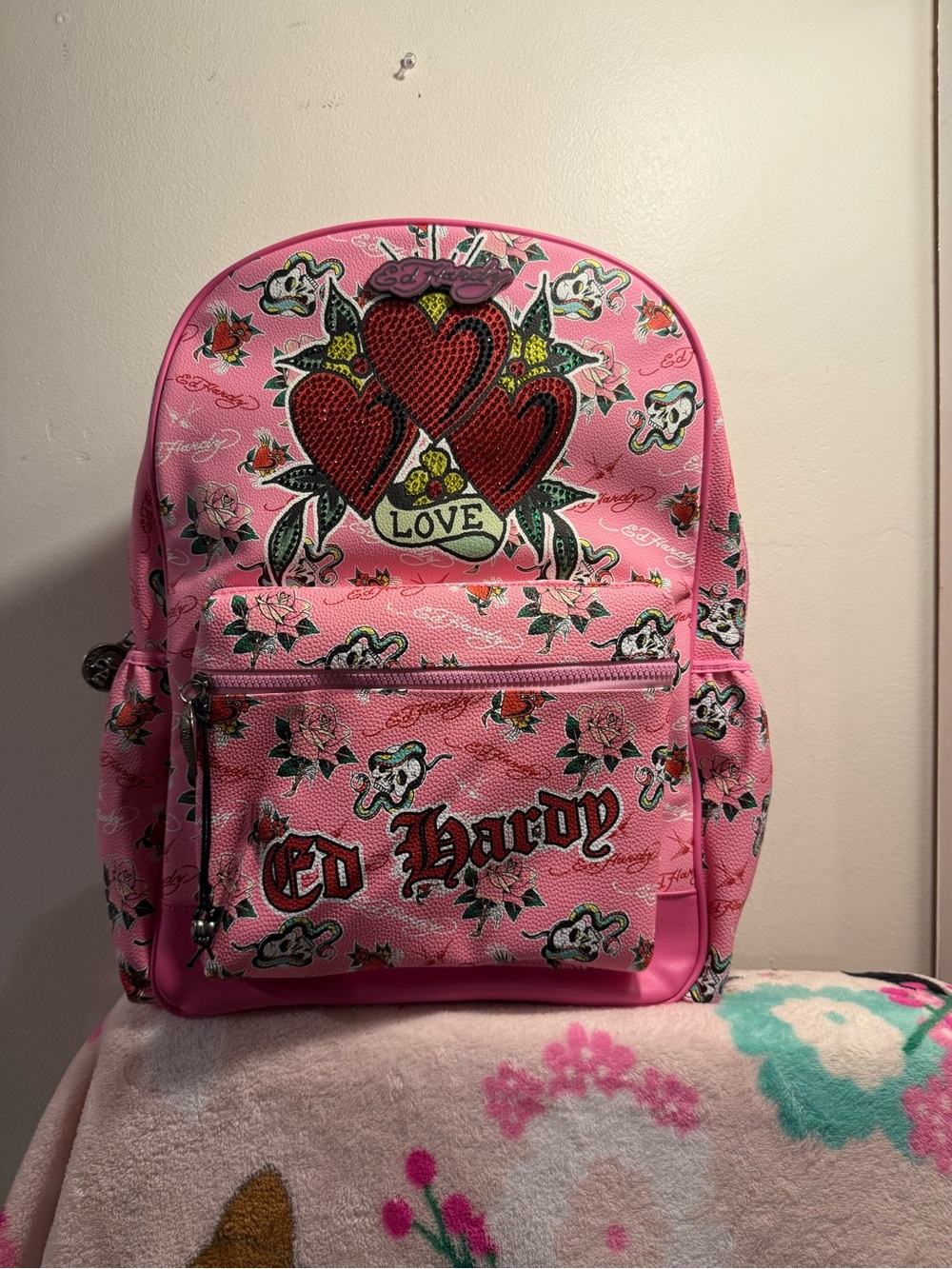 Ed Hardy Backpack Pink Rhinestone Love Kills Slowly Skull Hearts Bling